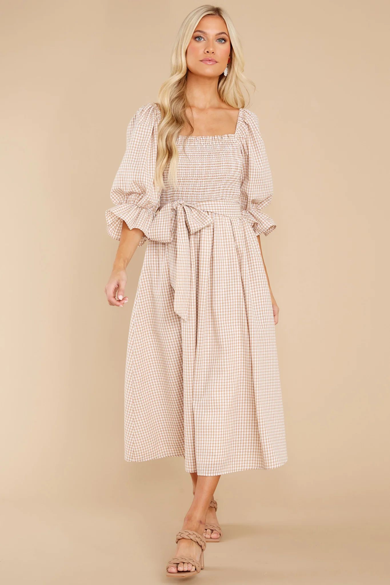 Lyrics To My Song Taupe Gingham Midi Dress | Red Dress 