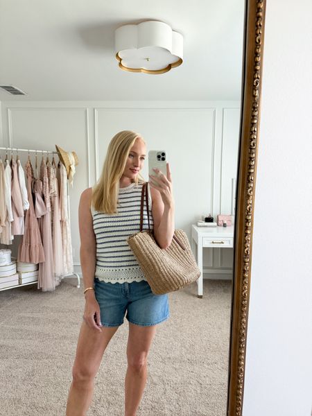 Cutest casual daytime outfit! This J.Crew sleeveless sweater is a bestseller and going fast! I have it paired with my favorite Madewell denim shorts. Wearing size small in the top and 27 in the shorts. Summer outfits // vacation outfits // summer sweaters // summer shorts // casual outfits // daytime outfits // J.Crew finds // J.Crew factory 

#LTKSeasonal #LTKStyleTip #LTKTravel