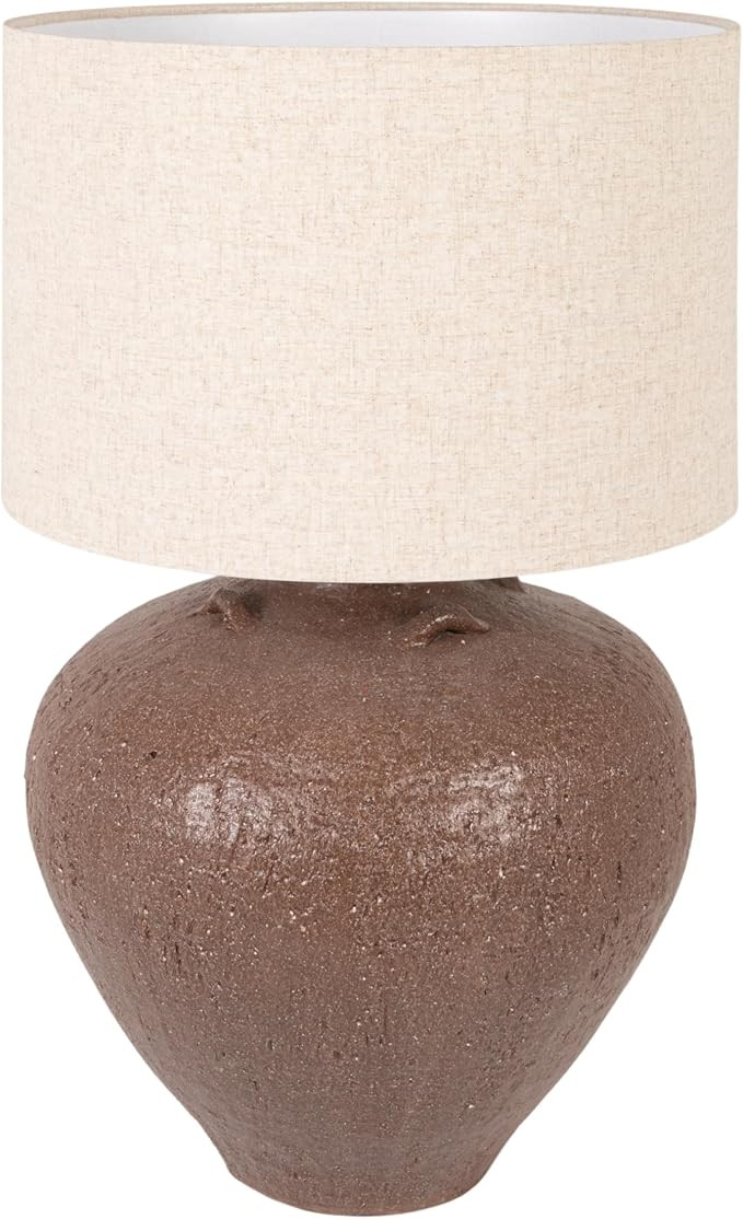 Creative Co-Op Textured Stoneware Table Lamp with Linen Shade and Inline Switch, Brown | Amazon (US)