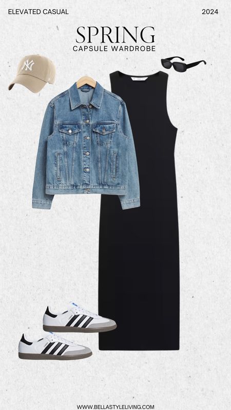 Casual spring capsule wardrobe outfit idea. Pair midi length black dress with blue denim jacket and Adidas Samba sneakers.

#LTKfindsunder100 #LTKstyletip #LTKfindsunder50