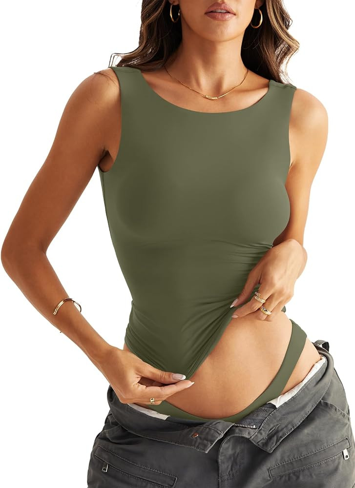 EasyGala Womens Double Lined Tank Tops Sleeveless Boat Neck Backless Tops Slim Fit Trendy Going O... | Amazon (US)