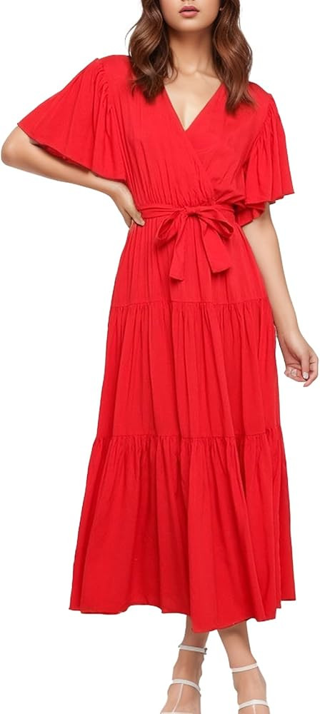 Women's Casual Dresses 2024 Summer V Neck Maxi Dress Flowy Hem Split Beach | Amazon (US)