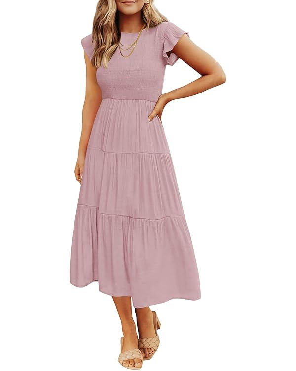 ZESICA Women's 2025 Summer Casual Flutter Short Sleeve Crew Neck Smocked Elastic Waist Tiered Mid... | Amazon (US)