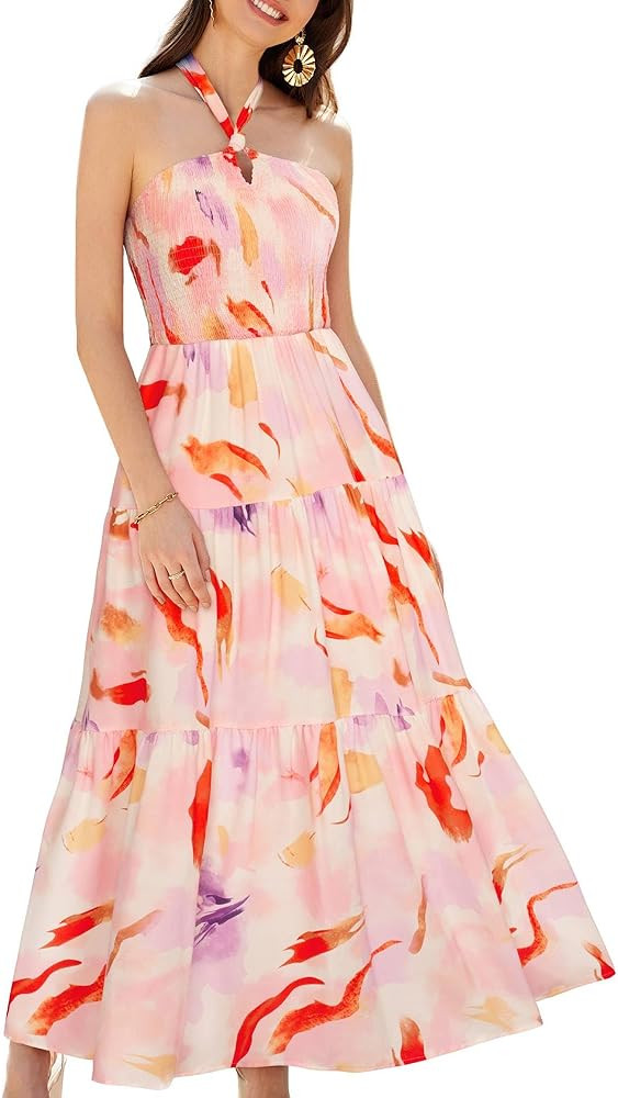 GRACE KARIN Women's Summer Dresses 2025 Halter Neck Sleeveless Smocked Backless Cut Out Floral Fl... | Amazon (US)