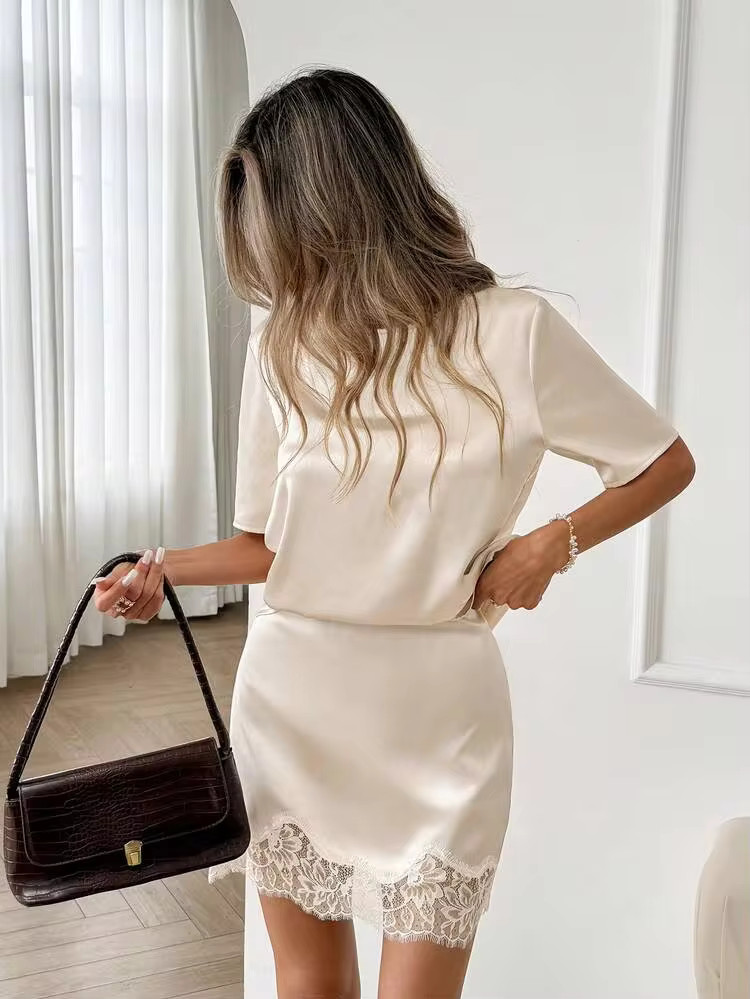 Easowa Women White Floral Elegant Sexy French Silk Satin Lace Patchwork Crew Neck T-Shirt A-Line ... | SHEIN