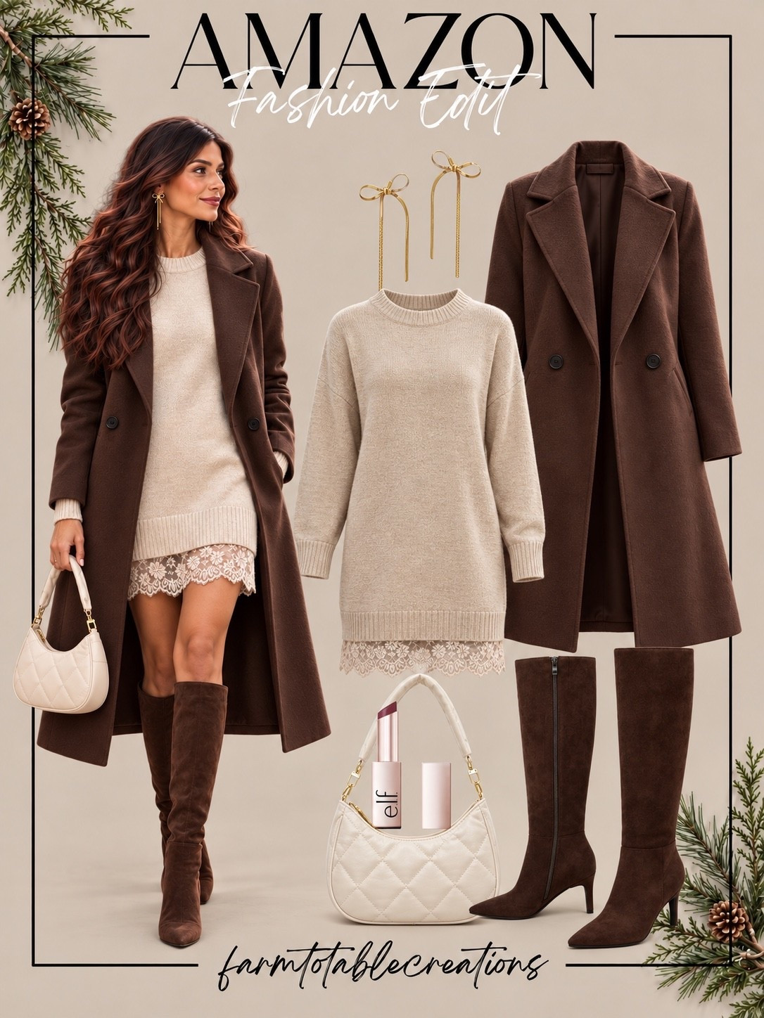 Amazon Christmas Outfit 🤎✨

This Amazon Christmas outfit is such a pretty choice when you want something festive without wearing traditional red or green. The soft ivory sweater dress with the lace hem feels feminine and polished, while the rich chocolate coat and tall brown boots add warmth and a beautiful winter contrast.

Finish it with a quilted cream handbag, delicate gold earrings, and a soft neutral lip for an easy look that works for Christmas dinner, church, holiday parties, or family gatherings.

Follow @farmtotablecreations on Instagram for more cozy home finds and trending decor.

#LTKStyle #LTKFashion #AmazonFashion #AmazonFinds #AmazonStyle #ChristmasOutfit #HolidayOutfit #WinterStyle #SweaterDress #NeutralHolidayStyle #ChristmasFashion #HolidayPartyOutfit #WinterFashion #BrownAndCream #FestiveStyle

#LTKOver40 #LTKSeasonal #LTKmomlife