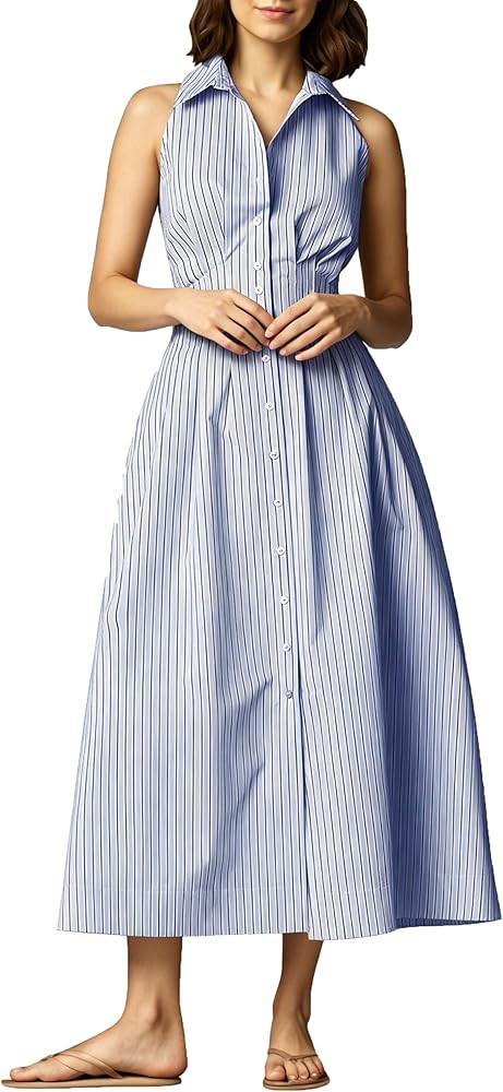 Lauweion Womens Button Down Striped Shirt Maxi Dress Slim Fitted Cinched Waist Summer Sleeveless ... | Amazon (US)