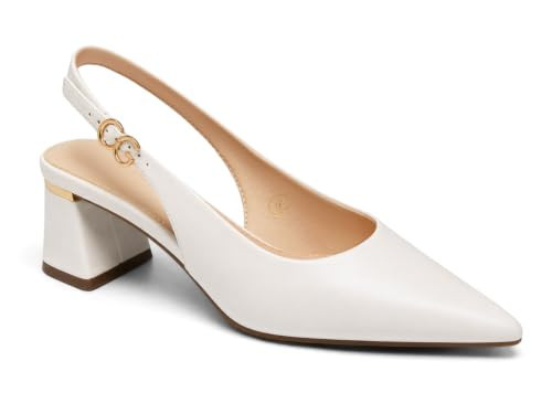 Coutgo Womens Slingback Chunky Heels Pointed Closed Toe Pumps Adjustable Strap Work Dress Shoes, PU White, Size 6.5 | Amazon (US)
