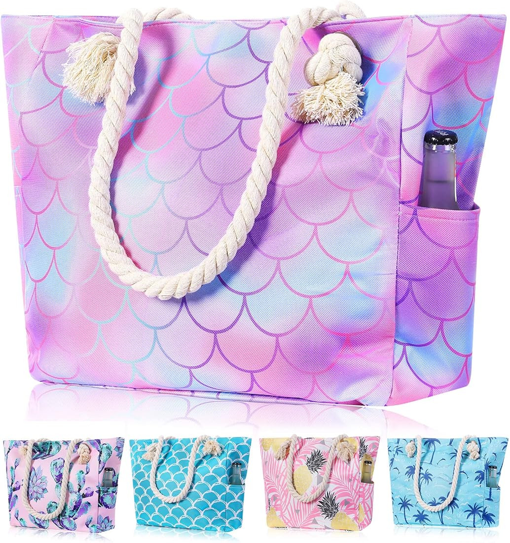 Large Canvas Beach Tote Bag with Zipper Waterproof for Women Swim,Travel,Shopping,Gym and Holiday... | Amazon (US)