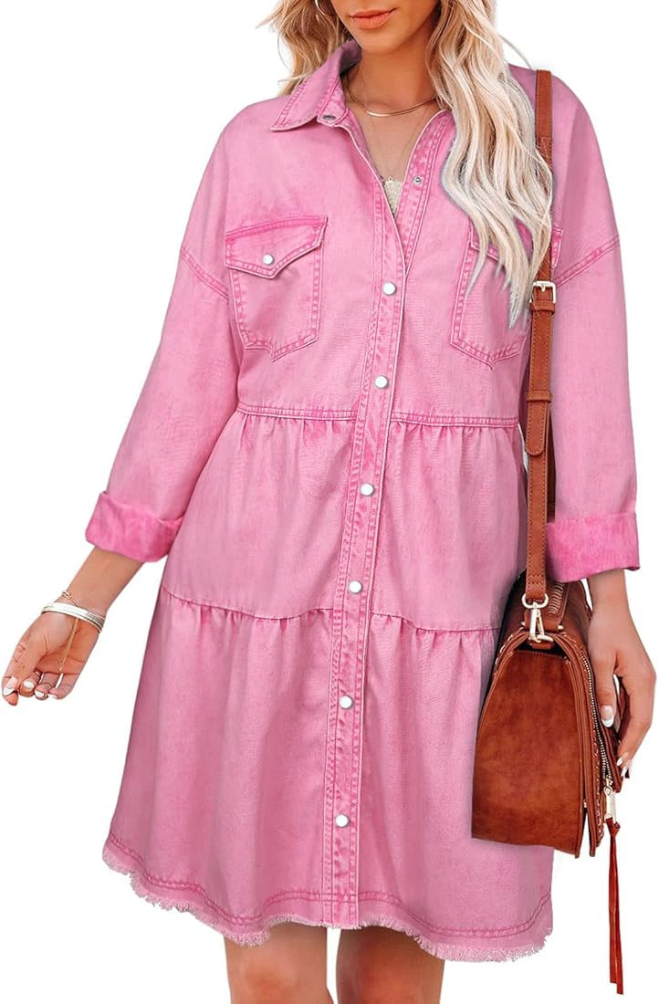 Sidefeel Womens Buttoned Frayed Pocket Short Sleeve Denim Jean Dresses | Amazon (US)