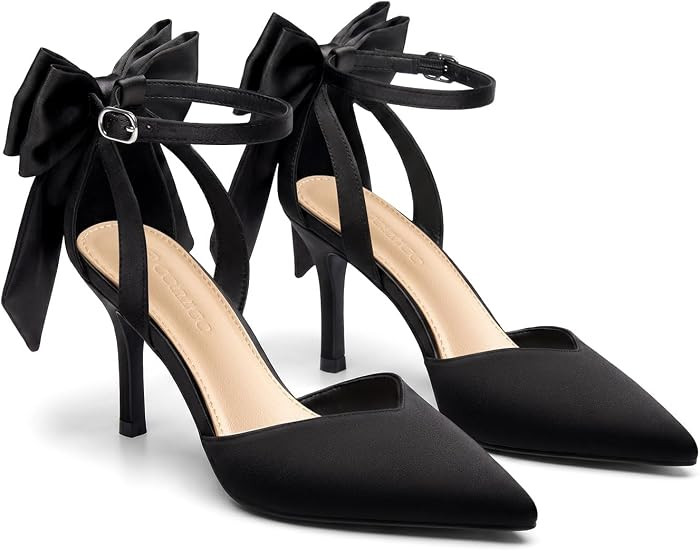 Coutgo Women's Kitten Heels Closed Pointed Toe Pumps Bow Ankle Strap Wedding Party Dress Shoes | Amazon (US)