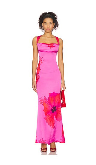 Satin Lace Up Maxi Dress in Pink Hibiscus002 | Revolve Clothing (Global)