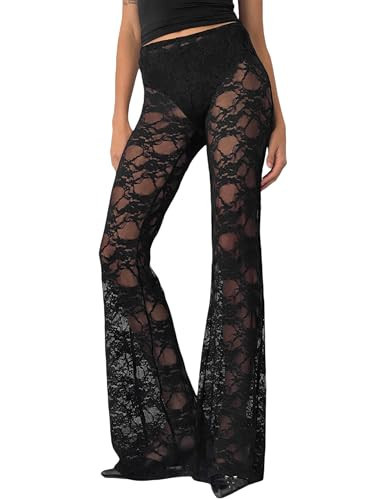 Sunloudy Women Lace Bell Pant Sexy See Through Flare Bottom Leggings Hollow Out Mesh Cover Up Trousers (Black, L) | Amazon (US)