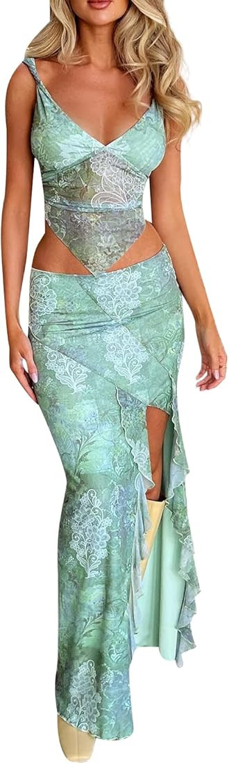 Vintage Floral Print Skirt Sets Y2k Spaghetti Strap Crop Top Bodycon Ruffle Slit Long Dress 2 Pie... | Amazon (US)