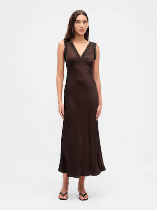 Satin Lace-Trim V-Neck Maxi Slip Dress | Gap (US)
