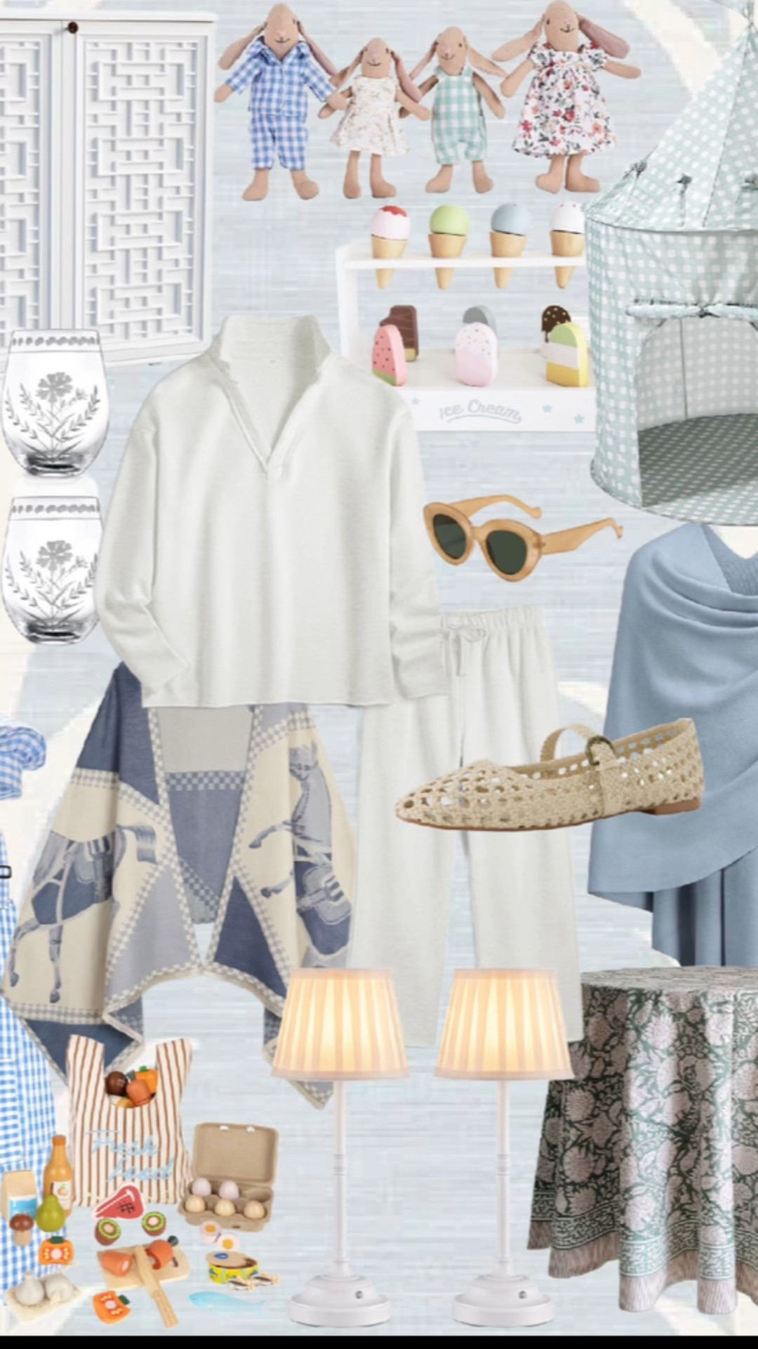 Soft blue and white home and lifestyle finds featuring cozy knit sweaters and lounge pants, a lightweight blue wrap, woven ballet flats, neutral sunglasses, and a classic patterned throw blanket. The mix includes charming children’s toys and décor like plush bunny dolls, wooden play food, an ice cream toy stand, a gingham apron, and a soft play tent. Finished with elegant glassware, pleated table lamps, a patterned round tablecloth, and woven storage accents, this collection blends cozy comfort, playful details, and timeless home style in calming neutral and blue tones.

#LTKgrwm #LTKootd