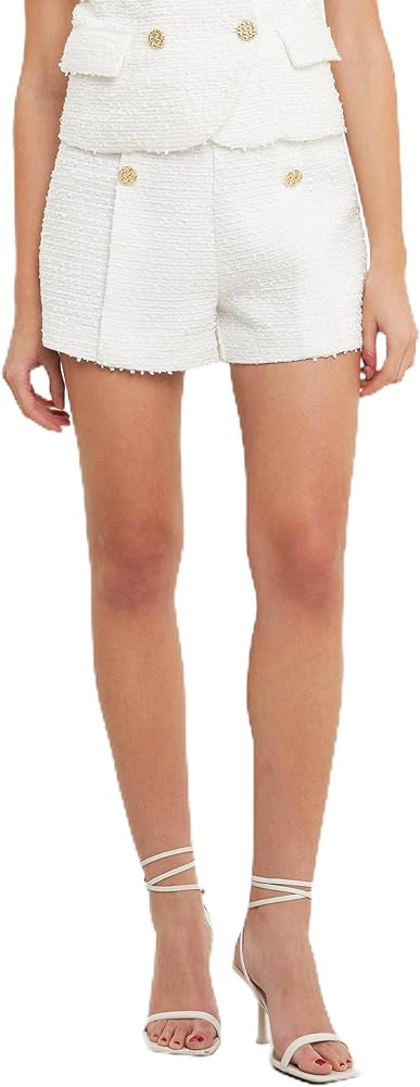 endless rose Women's, Tweed Double Button Shorts, White, L | Amazon (US)