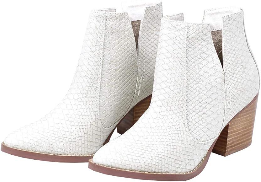 Womens Ankle Boots Slip on Cutout Pointed Toe Snakeskin Chunky Stacked Mid Heel Booties | Amazon (US)