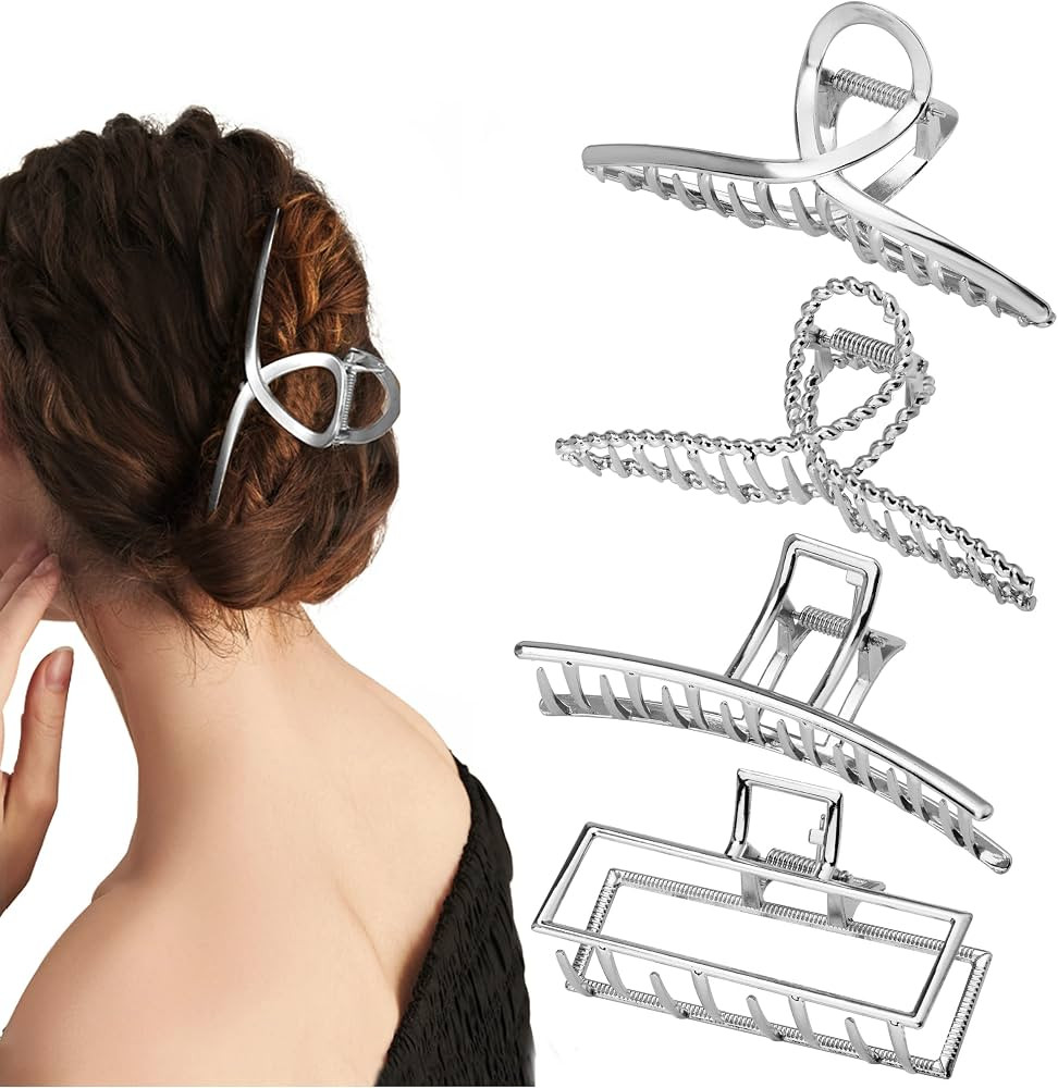 4 Pack Large Metal Hair Clips for Thin to Thick Curly Hair, 4.3 Inch Big Nonslip Silver Color Cla... | Amazon (US)