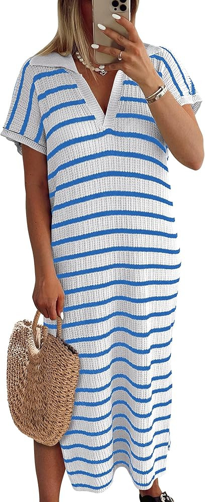 ANRABESS Women's Summer Striped Midi Dress 2025 Casual Short Sleeve V Neck Loose Knitted Side Sli... | Amazon (US)