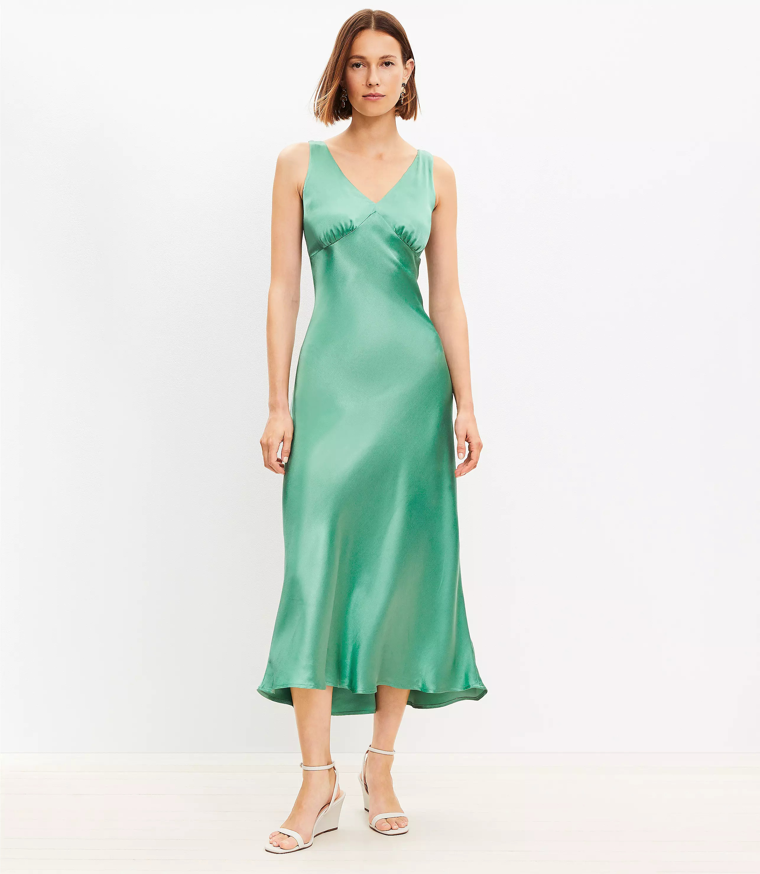 Satin Double V Bias Midi Dress | LOFT