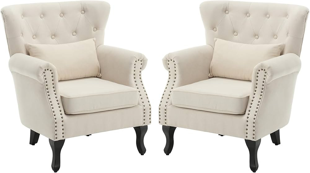 KCC Beige Accent Chair for Bedroom | Rubber Wood | Mid Century Modern | Set of 2 | Upholstered, T... | Amazon (US)