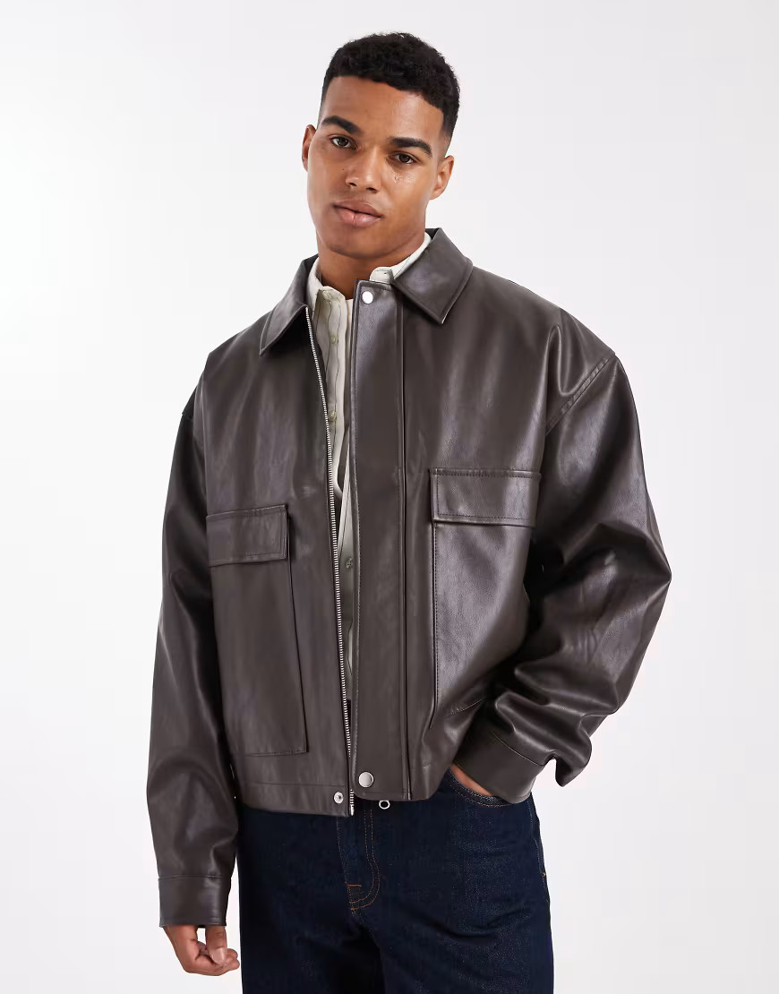 ASOS DESIGN leather look coach jacket in brown | ASOS (Global)