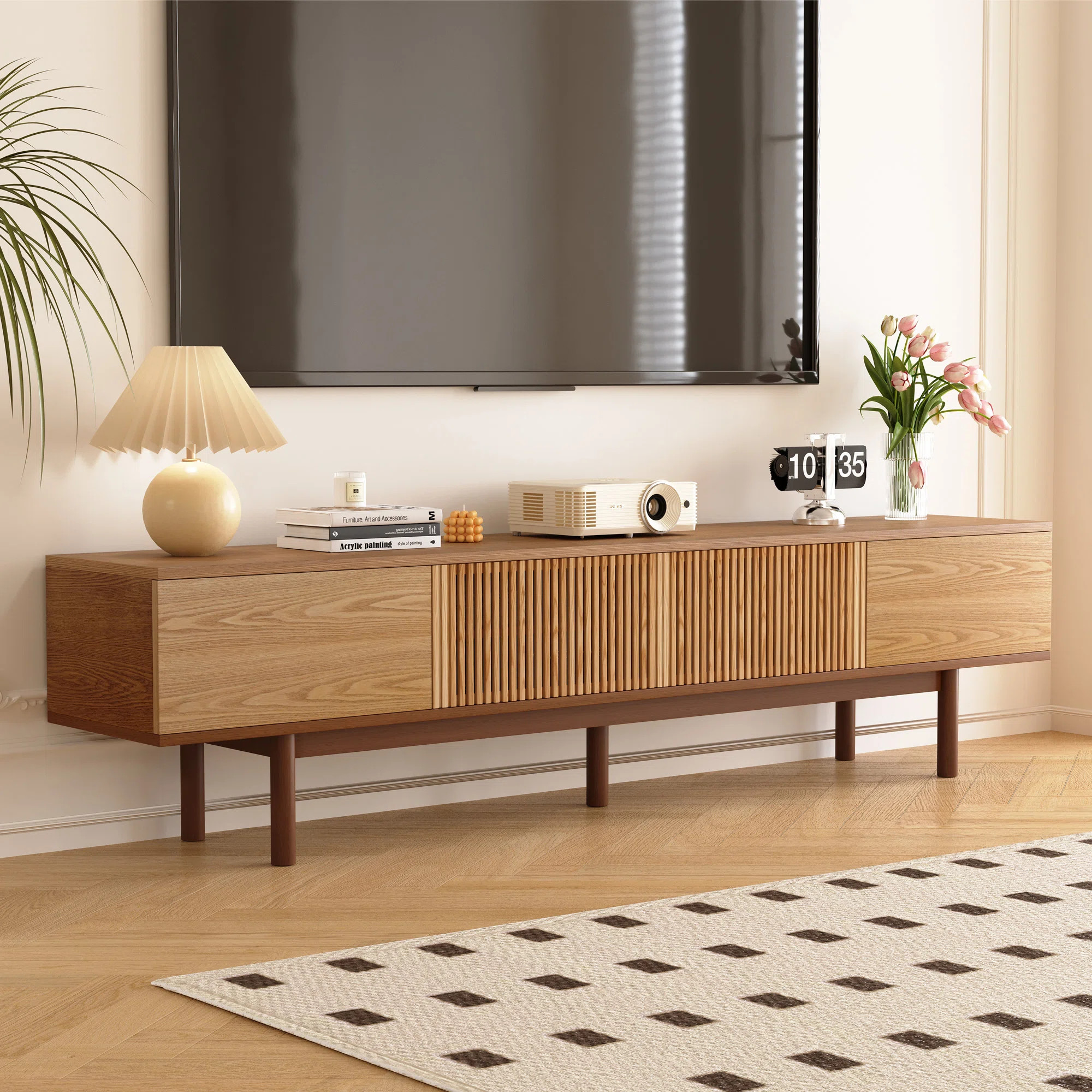 86.6" Mid-Century Modern Solid Wood Tv Stand With Cable Management And Storage | Wayfair North America