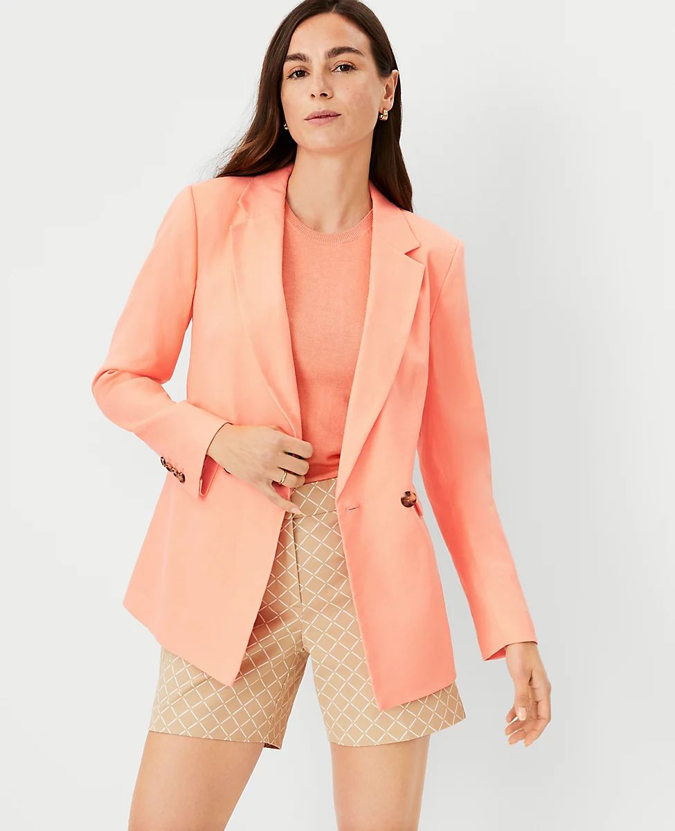 Longer Tailored Double Breasted Blazer in Linen Blend | Ann Taylor (US)