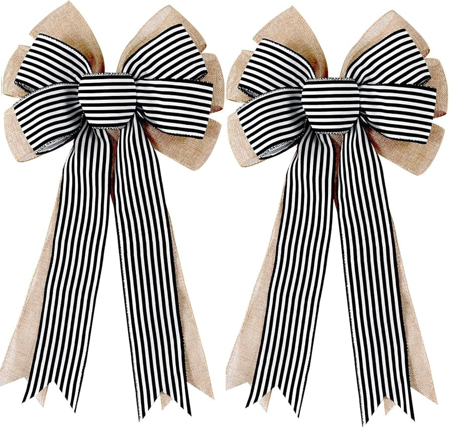 2 Pack Black White Stripe Burlap Fall Bows for Wreaths Decorations,Rustic Farmhouse Crafts Bow Wr... | Amazon (US)