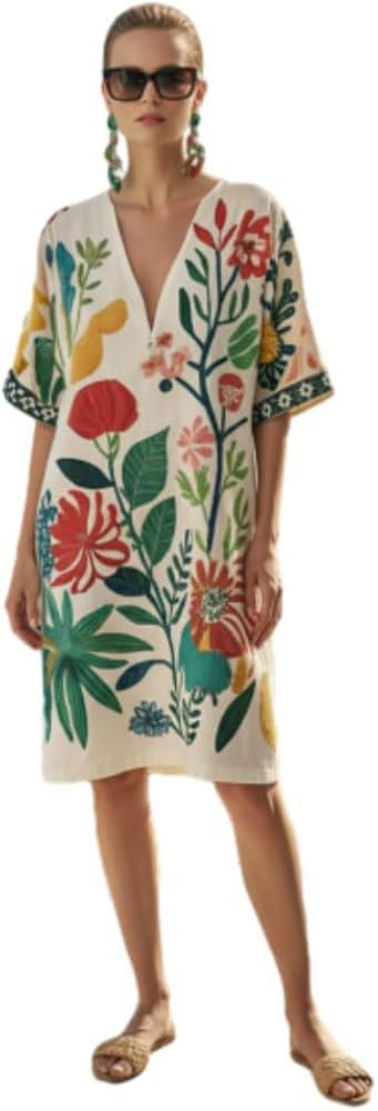 Women's Floral V Neck Short Sleeve Knee Length Dress Casual Loose Summer Beach Vacation Cover Up ... | Amazon (US)
