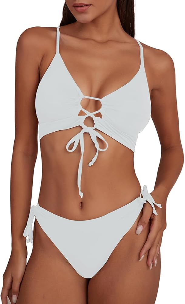 CHYRII Womens Sexy Cutout Bikini Sets Lace Up High Cut Thong Two Piece Swimsuit | Amazon (US)