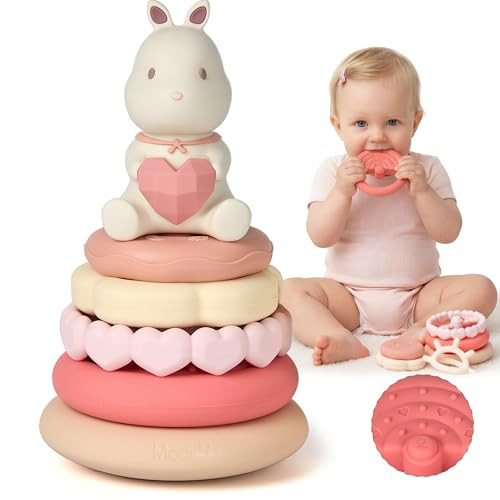 Moonkie Bunny Baby Stacking Toys | 7-Piece Silicone Rings for Teething Relief | Educational Toy for Infants & Toddlers 6 Months+ | Baby Shower or Birthday Gift for Girls | Amazon (US)