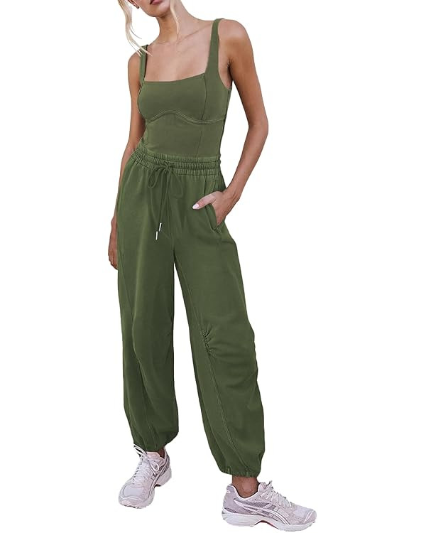 Women's Sleeveless Summer Jumpsuit Square Neck Drawstring Waist Long Romper Jumpers 2025 with Poc... | Amazon (US)