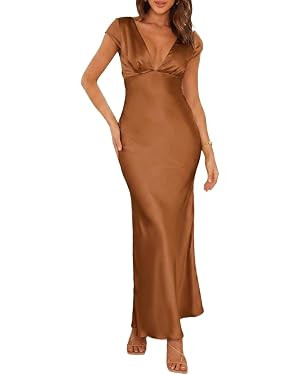Halfisland Womens Summer Satin V Neck Cap Sleeve Midi Dress Wedding Guest | Amazon (US)