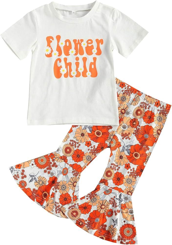 Little Toddler Baby Girl Letter Short Sleeve T-Shirt Tops Floral Flared Bell-Bottom Pants Legging... | Amazon (US)