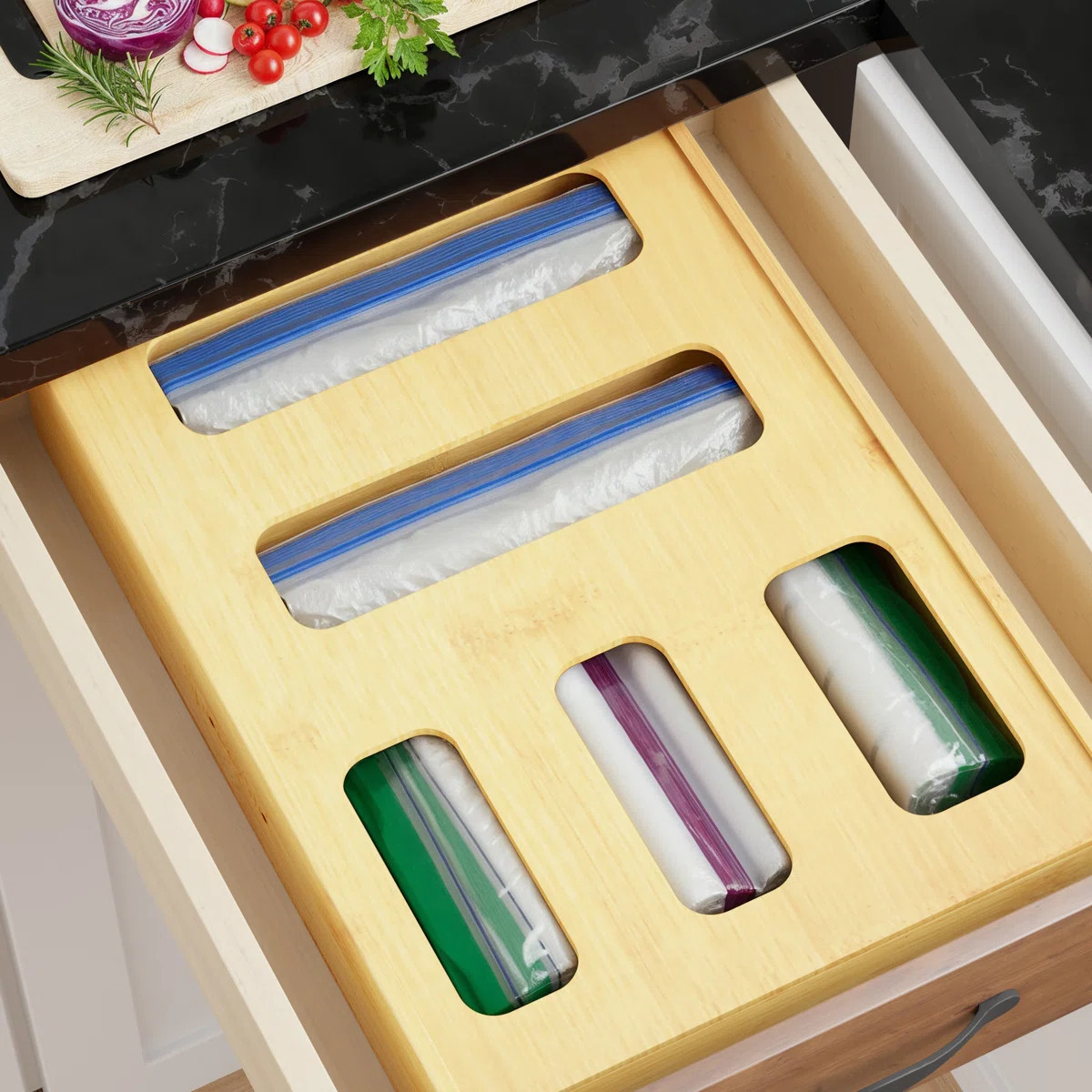 Bamboo Bag Storage Organizer for Kitchen Drawer, 1 Box with 5 Slots, Compatible with Gallon, Quar... | Wayfair North America