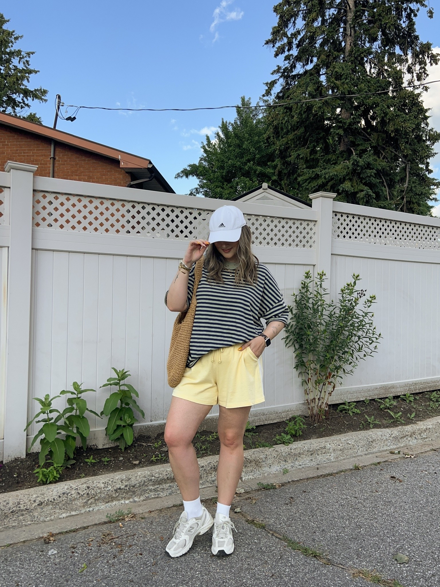 Comfy summer outfit for a walk! Wearing my usual size L in the striped tee. Linked similar butter yellow sweat shorts. I’m a 9.5-10 shoe and wear a 9 in the new balance sneakers (so comfy for walking!)

#LTKsummer #LTKsale #LTKmidsize