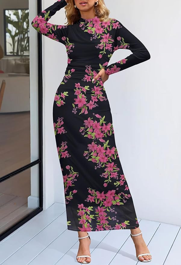 MEROKEETY Women's Long Sleeve Fall Wedding Guest Dress 2025 Bodycon Floral Mesh Ruched Cocktail M... | Amazon (US)