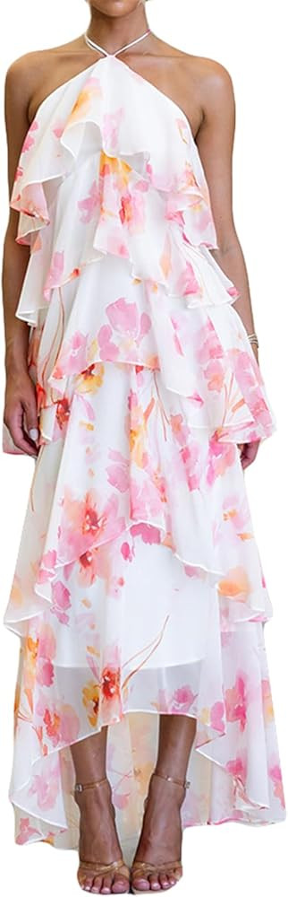 Women's Sleeveless Halter Ruched Ruffles Chiffon Printed Bodycon Sexy Nightclub Party Dress | Amazon (US)