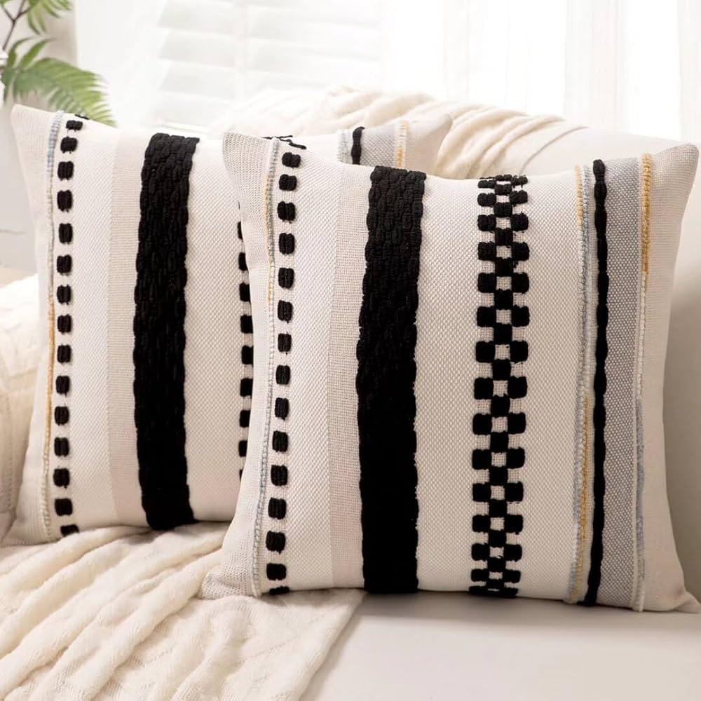Boho Throw Pillow Covers 18x18 Set of 2 Farmhouse Decorative Cushion Case Striped Square Pillows ... | Amazon (US)
