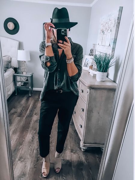 Black on black 🖤 button down shirt styled with Time and Tru ankle pants, fits tts, has stretch, comes in more colors. Black fedora, taupe booties, stacked bracelets from Amazon 

Neutral outfit, date night outfit, trends, Walmart fashion, Walmart finds, business casual outfit, Walmart Time and Tru, sale, affordable, fashion over 40

#LTKunder50 #LTKstyletip #LTKsalealert