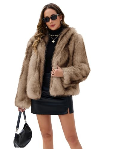 FIOPHY Womens Faux Fur Coats Long Sleeve Stand Collar Open Front Cardigan Top Fuzzy Coats Jacket Fluffy Outwear with Pockets - Khaki M | Amazon (US)