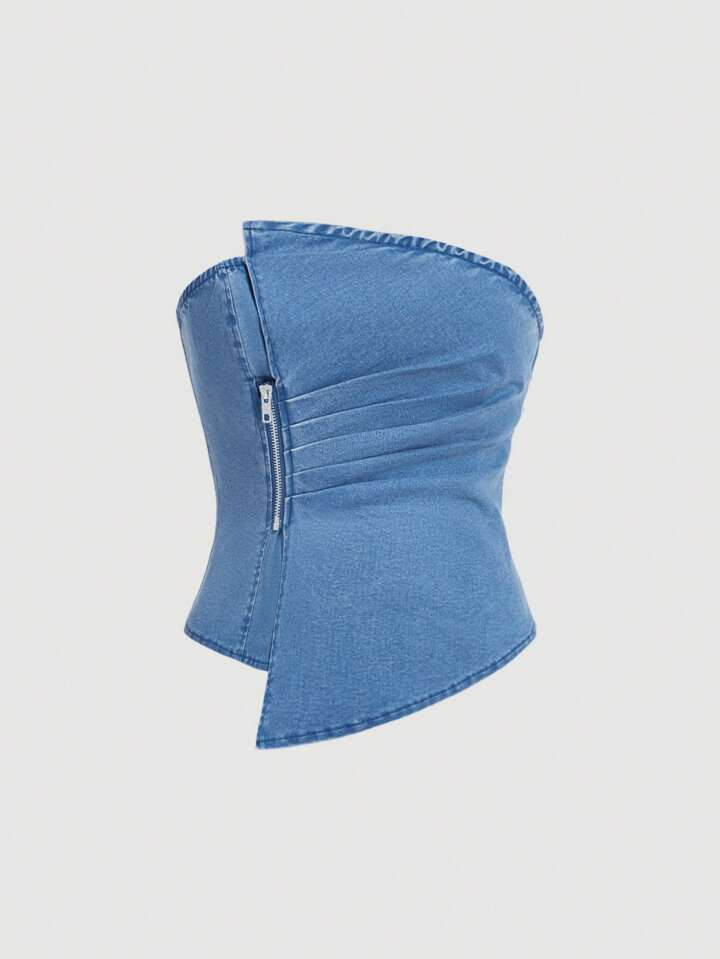 SHEIN MOD Women's Zip Front Asymmetrical Hem Bandeau Denim Top | SHEIN