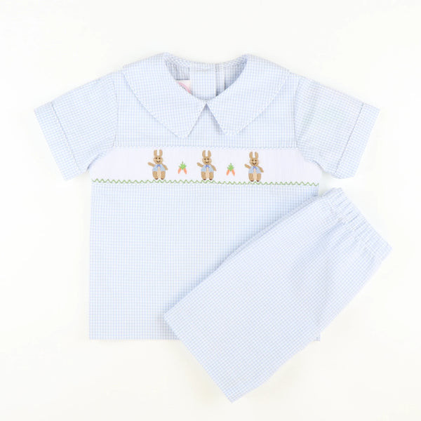 Smocked Classic Storybook Rabbit Collared Short Set - Light Blue Mini Check Seersucker | Southern Smocked Co.