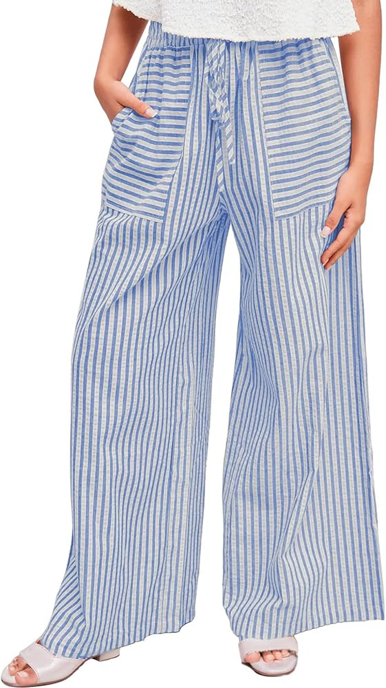Striped Wide Leg Pants Women Drawstring Elastic Waistband Pant Lounge Palazzo Trousers Beach Vaca... | Amazon (US)