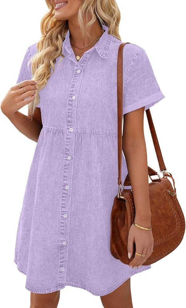 LookbookStore Women's Short Sleeve Button Down Flowy Tiered Babydoll Denim Dress | Amazon (US)