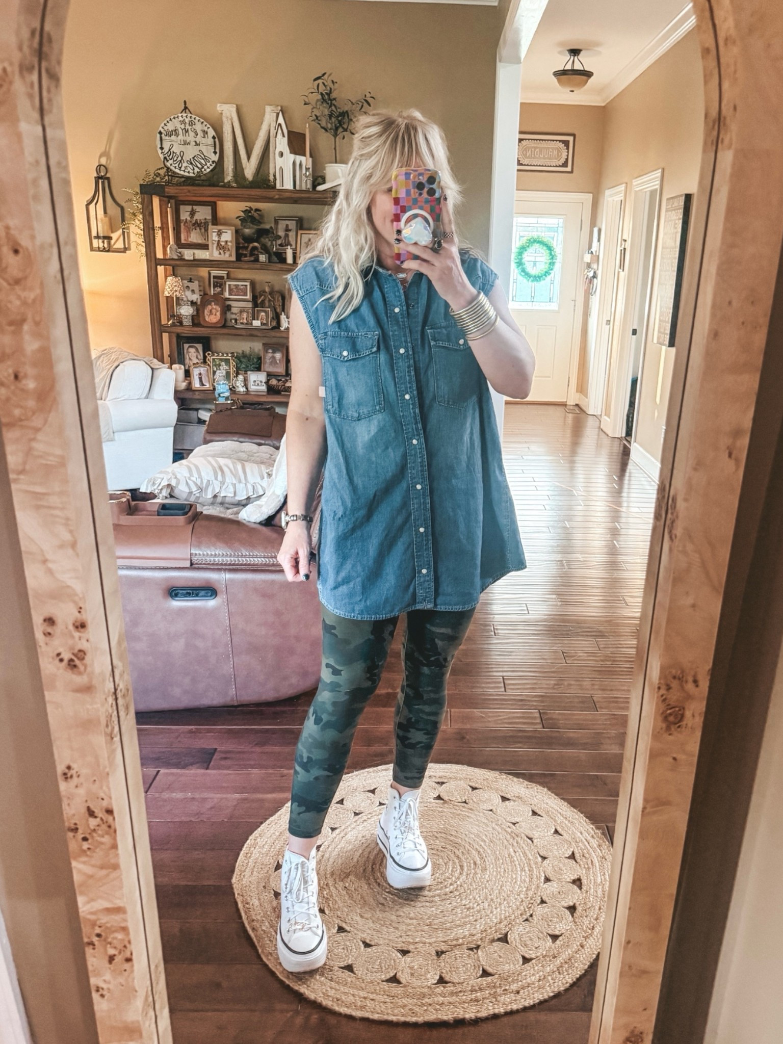 This denim shirt runs big so you can definitely size down one to two sizes. Or you could buy a men’s denim shirt at the thrift store and cut the sleeves off. ✂️
I’m in a XS in top 
Leggings are a medium.

#LTKootd #LTKgrwm #LTKOver40