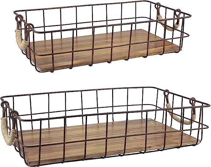 Stonebriar Stackable 2pc Rectangle Metal Wire and Wood Basket Set with Rope Wrapped Handles, Rust... | Amazon (US)