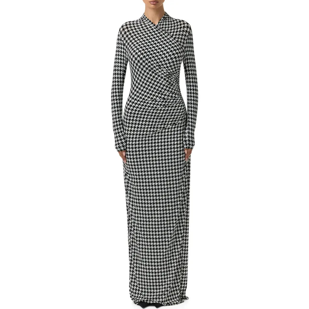 Naked Wardrobe Houndstooth Overlap Neck Long Sleeve Maxi Dress in Houndstooth Black/White at Nordstrom, Size Small | Nordstrom